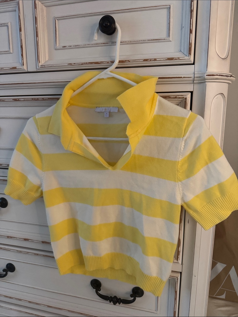 iris Yellow & White Striped Polo Knit Top